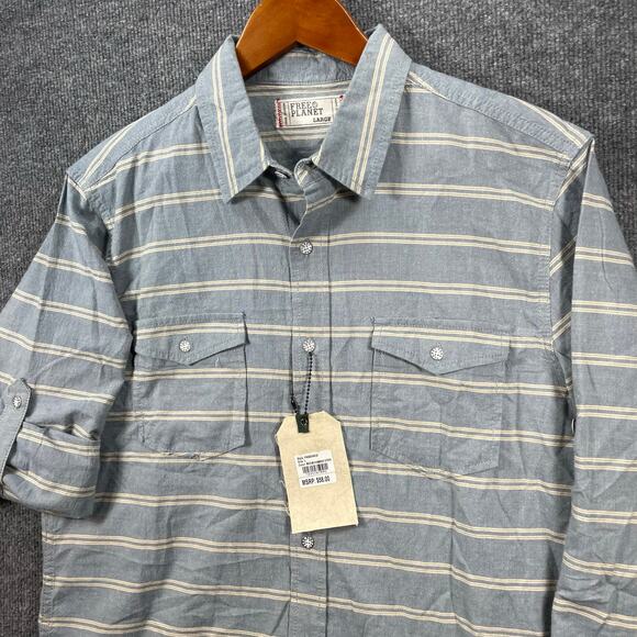 Free Planet Button Up Shirt Men's Large Blue/White Striped Roll Tab Sleeve NWT - Picture 2 of 13